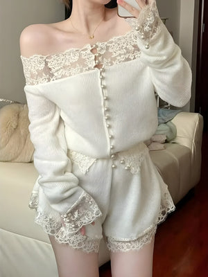 Coquette Pearl Button Lace Two Piece Set