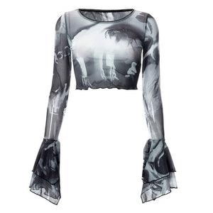 Futuristic Flare Sleeves Mesh Top