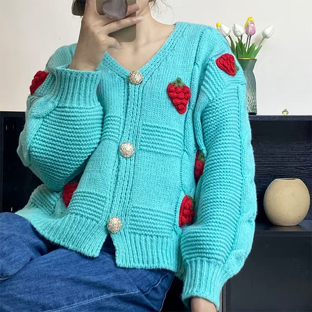 3D Strawberry Pattern Cardigan