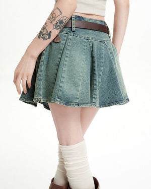 90s Grunge Pleated Denim Mini Skirt