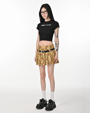 Double Belt Plaid Pleated Skirt in Yellow