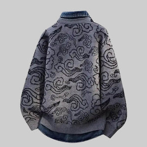 Denim-Collar Knit Cardigan