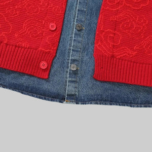 Denim-Collar Knit Cardigan