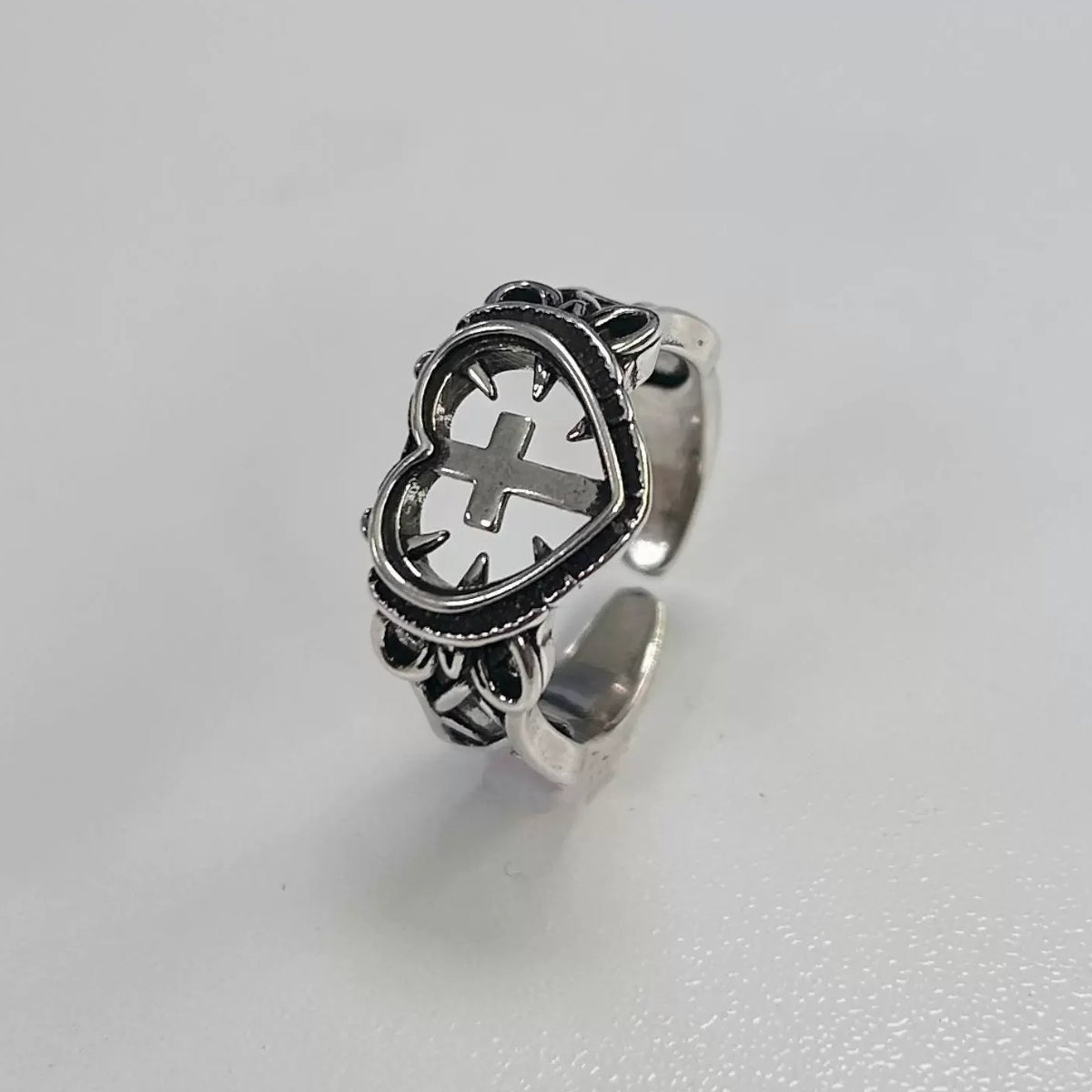Goth Spiked Heart Cross Ring