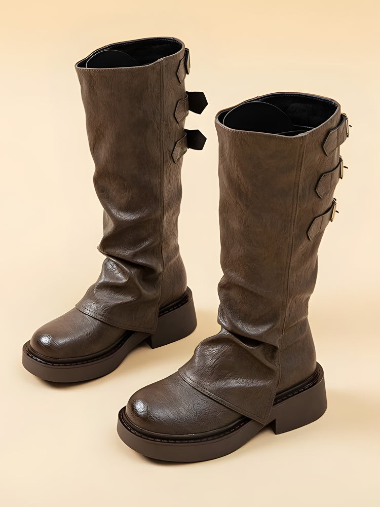Grunge Faux Leather Belted Boots