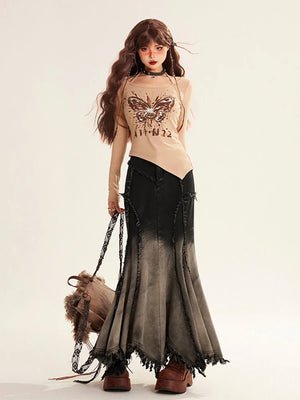 Grunge Tasseled Patch Maxi Skirt