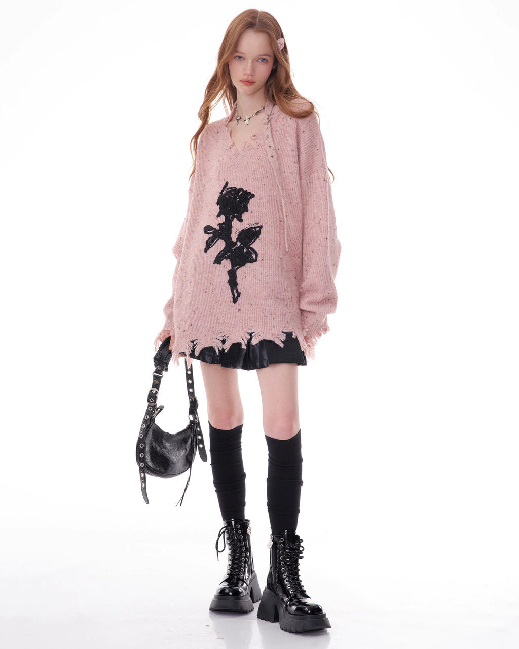Distressed Rose Print Sweater