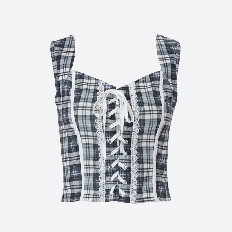Y2K Plaid Lace Up Top