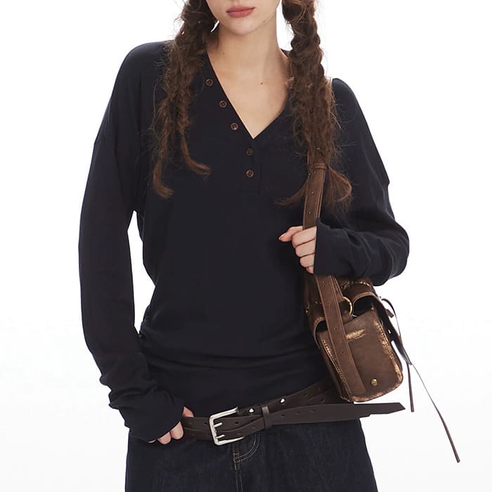 Aesthetic Loose Fit Button V-Neck Top