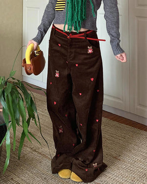 Bear Embroidery Cord Pants
