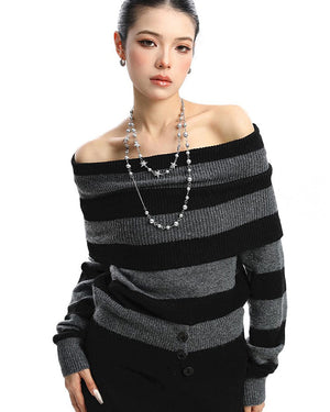 Black and Grey Off-Shoulder Knit Top