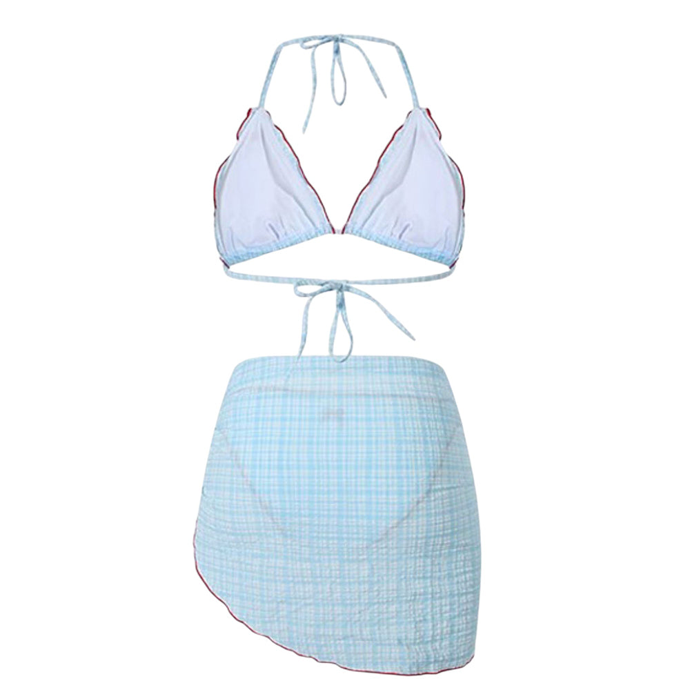 Bow Embroidery Gingham Bikini Set & Beach Skirt