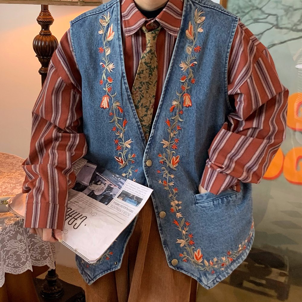 Cottagecore Embroidery Denim Vest