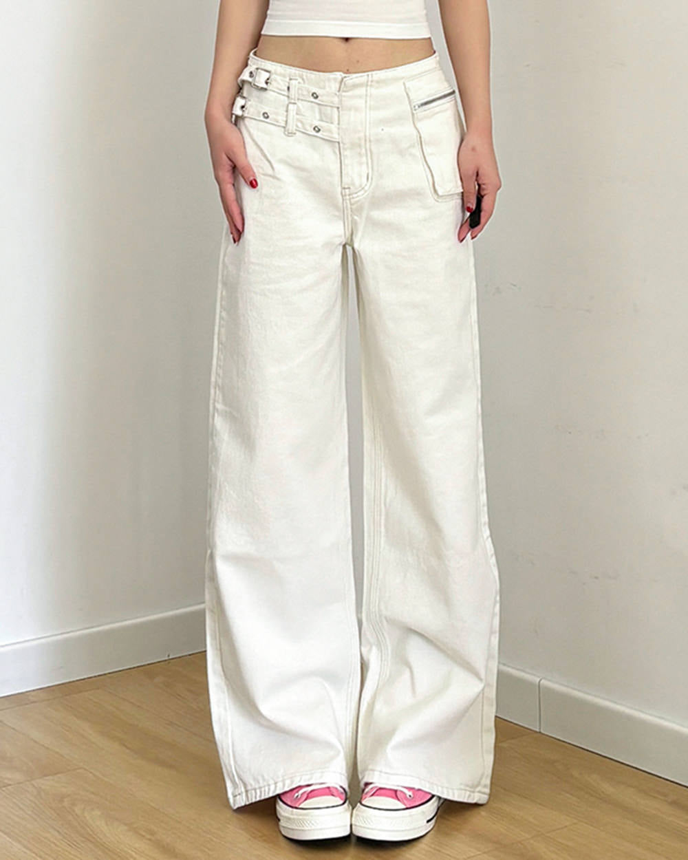 Double-Buckle Wide Leg Jeans