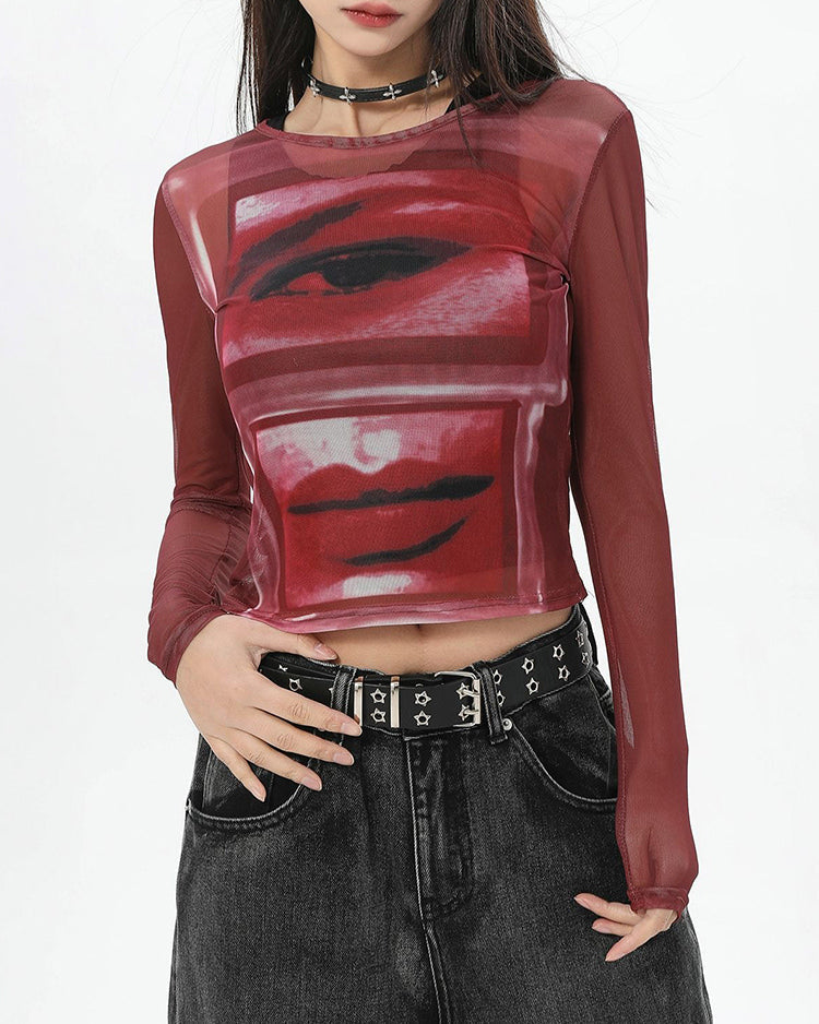 Eye & Lips Print Mesh Top in Red
