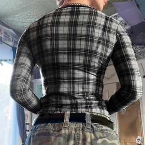 Grunge Plaid Mesh Long Sleeve Top