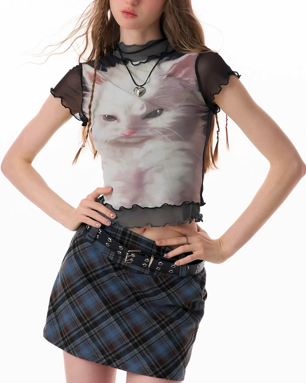 Moody Kitten Print Y2K Top