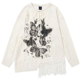 Oversized Ripped Sweater with Butterfly Print