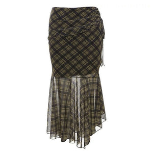 Plaid Asymmetrical Mesh Skirt