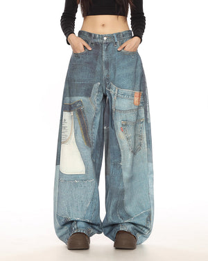 Printed Panel Look Baggy Denim Pants