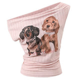 Puppy Print Off Shoulder Top