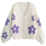 White Knit Cardigan with Purple Flower