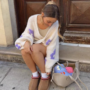 White Knit Cardigan with Purple Flower