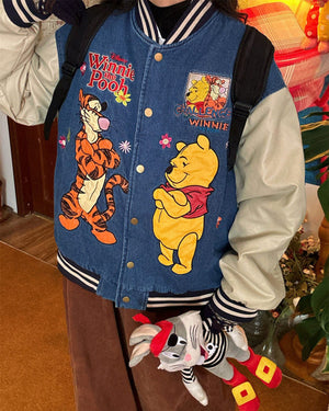 Cartoon Embroidery Denim Bomber Jacket